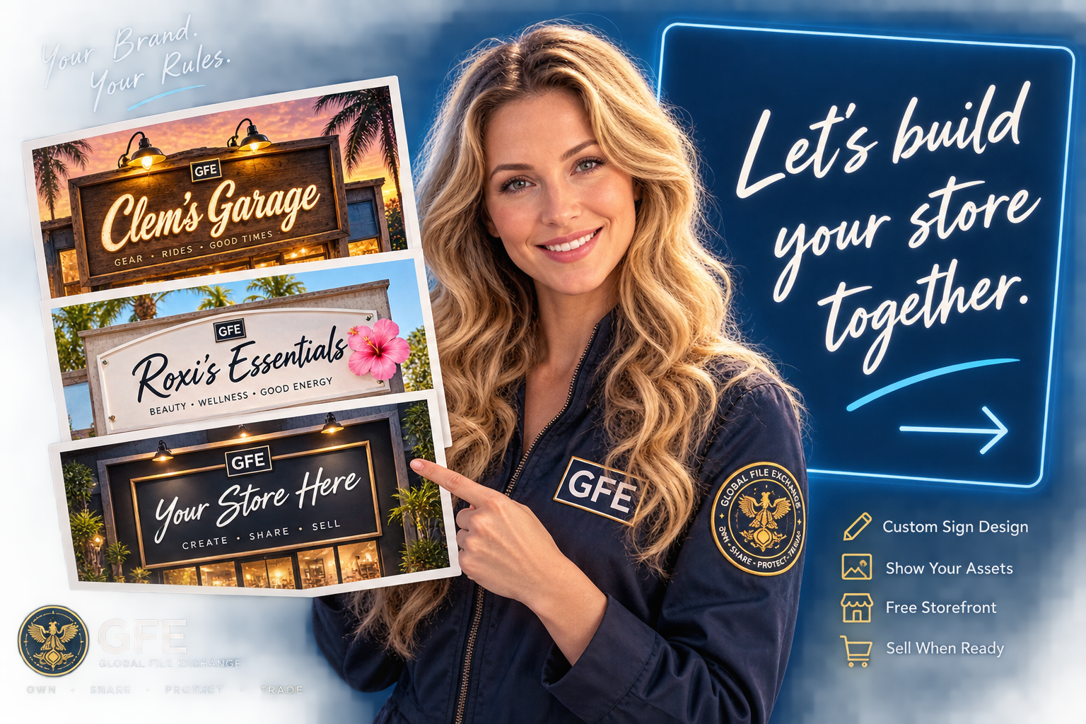Your Brand. Your Rules. A free GFE D-Store — Clem's Garage, Roxi's Essentials, Your Store Here. Custom sign design. Show your assets. Free storefront. Sell when ready.